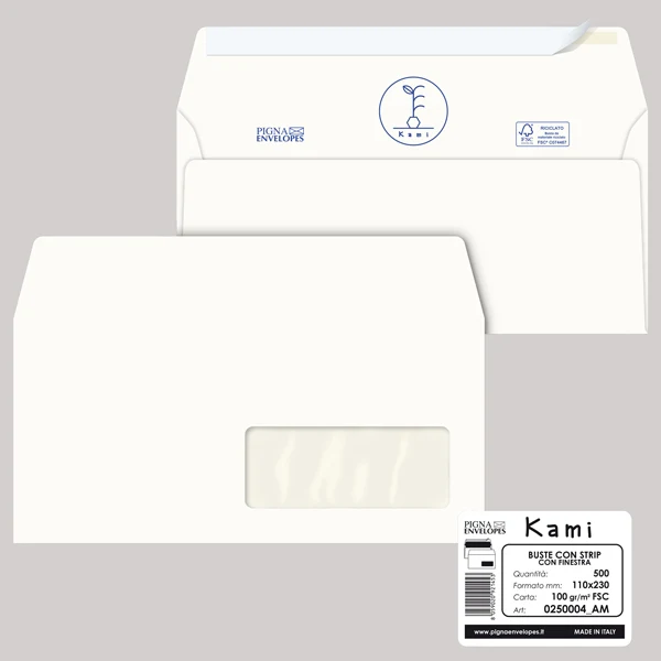 Pigna Envelopes - 0250004AM - Busta a sacco Kami Strip - con finestra - 11 x 23 cm - 100 gr - carta riciclata FSC - bianco - Pigna Envelopes - conf. 500 pezzi - 90094 - Conf. da 1 Pz.