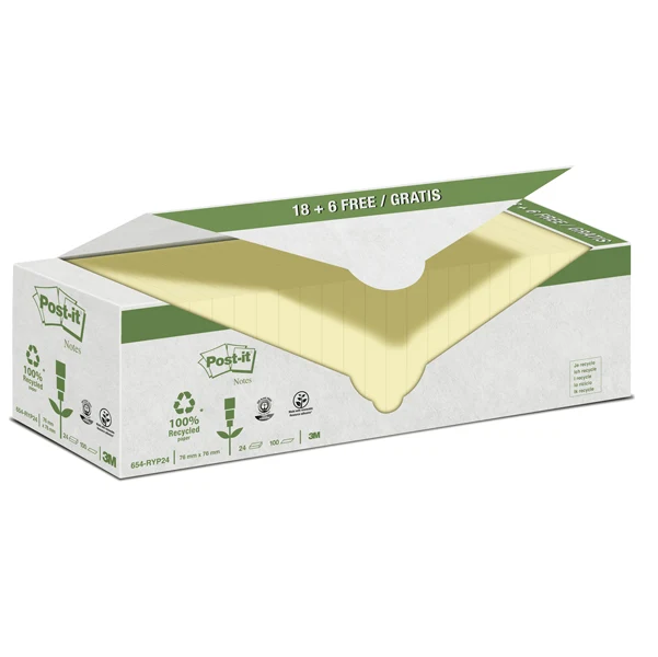 POST-IT - 7100172342 - Blocco Post-it - 654-RYP24 - 76 x 76 mm - carta riciclata - giallo - 100 fogli - Post-it - conf. 24 blocchi - 80057 - Conf. da 1 Pz.