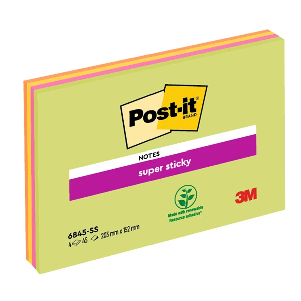 POST-IT - 7100234637 - Blocco foglietti Post-it Super Sticky Meeting Notes - 6845-SSP - 203 x 152 mm - giallo-rosa neon - 45 fogli - Post-it - 53558 - Conf. da 4 Pz.