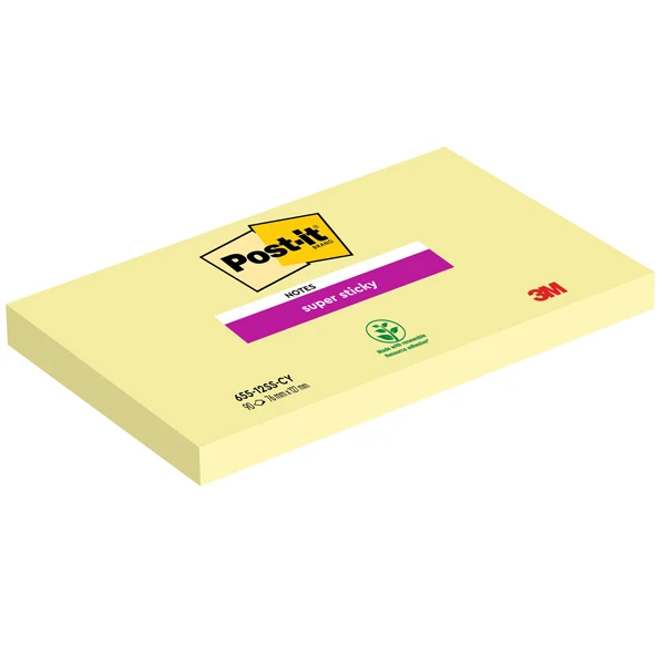 POST-IT - 7100290175 - Blocco foglietti Super Sticky - 655-12SS-CY - 76 x 127 mm - giallo Canary - 90 fogli - Post-it - 71249 - Conf. da 12 Pz.