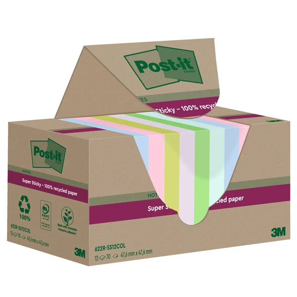 POST-IT - 7100284780 - Blocco foglietti Post-it SuperSticky Green - 622R-SS12COL - 47,6 x 47,6 mm - carta riciclata - colori pastello assortiti - 70 fogli - Post-it - conf. 12 blocchi - 101866 - Conf. da 1 Pz.