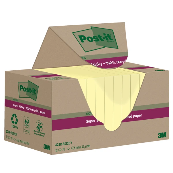 POST-IT - 7100284576 - Blocco foglietti Post-it SuperSticky Green - 622R-SSCY - 47,6 x 47,6 mm - carta riciclata - giallo Canary - 70 fogli - Post-it - conf. 12 blocchi - 101865 - Conf. da 1 Pz.