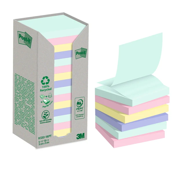 POST-IT - 7100259446 - Blocco Post-it Z-Notes Green - R330-1RPT - 76 x 76 mm - colori pastello - 100 fogli - Post-it - conf. 16 pezzi - 94382 - Conf. da 1 Pz.