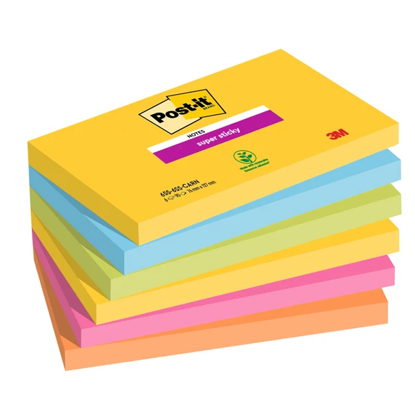 POST-IT - 7100242804 - Blocco Post-it Super Sticky - 655-6SS-CARN - 76 x 127 mm - colori Carnival - 90 fogli - Post-it - conf. 6 pezzi - 94378 - Conf. da 1 Pz.