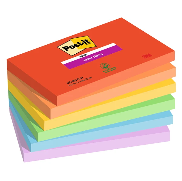 POST-IT - 7100258796 - Blocco Post-it Super Sticky - 655-6SS-PLAY - 76 x 127 mm - colori Playful - 90 fogli - Post-it - conf. 6 pezzi - 94372 - Conf. da 1 Pz.