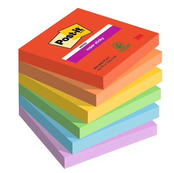 POST-IT - 7100258795 - Blocco Post-it Super Sticky - 654-6SS-PLAY - 76 x 76 mm - colori Playful - 90 fogli - Post-it - conf. 6 pezzi - 94371 - Conf. da 1 Pz.