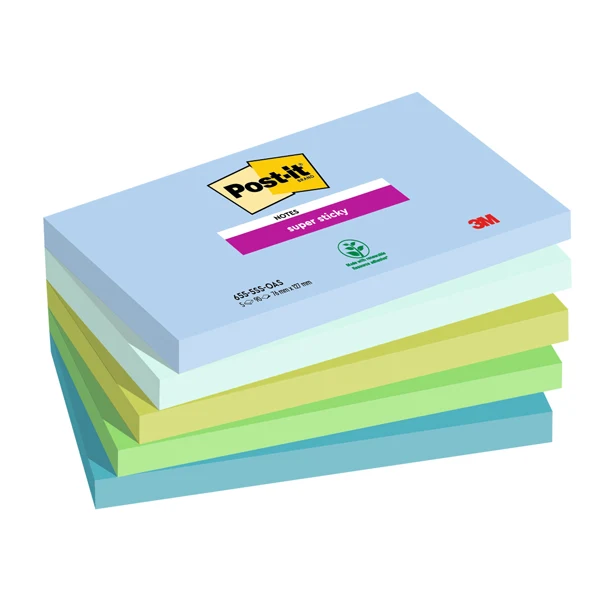 POST-IT - 7100258790 - Blocco Post-it Super Sticky - 655-5SS- OAS - 76 x 127 mm - colori Oasis - 90 fogli - Post-it - conf. 5 pezzi - 94366 - Conf. da 1 Pz.