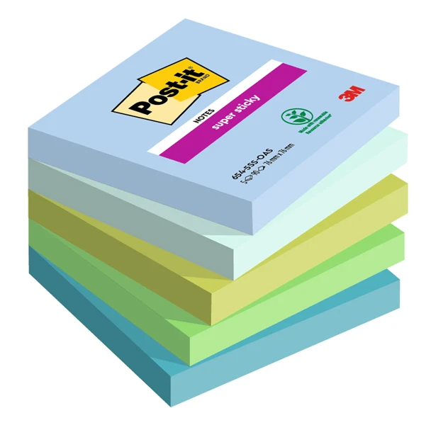 POST-IT - 7100258898 - Blocco Post-it Super Sticky - 654-5SS-OAS - 76 x 76 mm - colori Oasis - 90 fogli - Post-it - conf. 5 pezzi - 94365 - Conf. da 1 Pz.