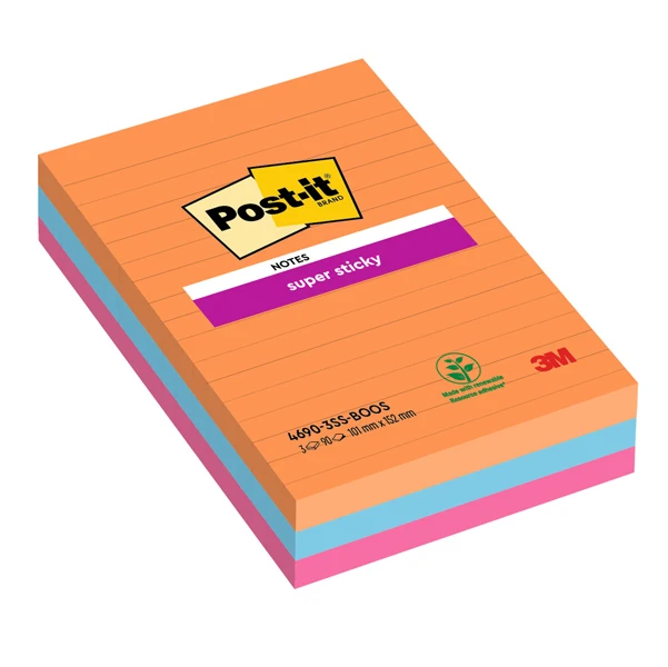 POST-IT - 7100234212 - Blocco Post-it Super Sticky - 4690-3SS-BOOS - a righe - 101 x 152 mm - colori Boost - 90 fogli - Post-it - conf. 3 pezzi - 94362 - Conf. da 1 Pz.