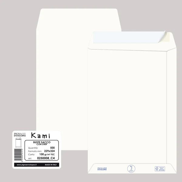 Pigna Envelopes - 0250008C4 - Busta a sacco Kami Strip - 22,9 x 32,4 cm cm - 100 gr - carta riciclata FSC - bianco - Pigna Envelopes - conf. 500 pezzi - 90096 - Conf. da 1 Pz.