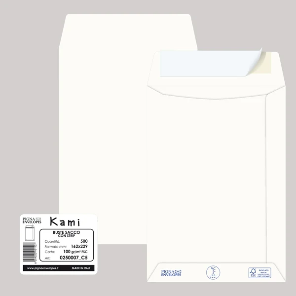 Pigna Envelopes - 0250007C5 - Busta a sacco Kami Strip - 16,2 x 22,9 cm - 100 gr - carta riciclata FSC - bianco - Pigna Envelopes - conf. 500 pezzi - 90095 - Conf. da 1 Pz.