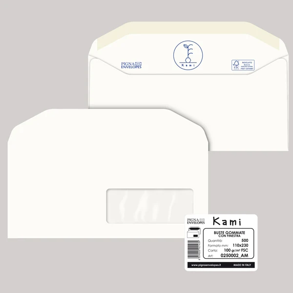 Pigna Envelopes - 0250002AM - Busta Kami Gommata - con finestra - 11 x 23 cm - 100 gr - carta riciclata FSC - bianco - Pigna Envelopes - conf. 500 pezzi - 90092 - Conf. da 1 Pz.