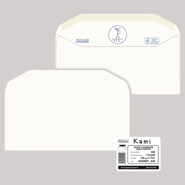 Pigna Envelopes - 0250001AM - Busta Kami Gommata - senza finestra - 11 x 23 cm - 100 gr - carta riciclata FSC - bianco - Pigna Envelopes - conf. 500 pezzi - 90091 - Conf. da 1 Pz.