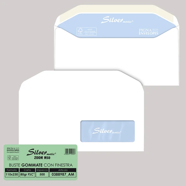 Pigna Envelopes - 0388987AM - Busta Silver Matic Lux FSC - con finestra - gommata - 11 x 23 cm - 80 gr - bianco - Pigna Envelopes - conf. 500 pezzi - 90090 - Conf. da 1 Pz.