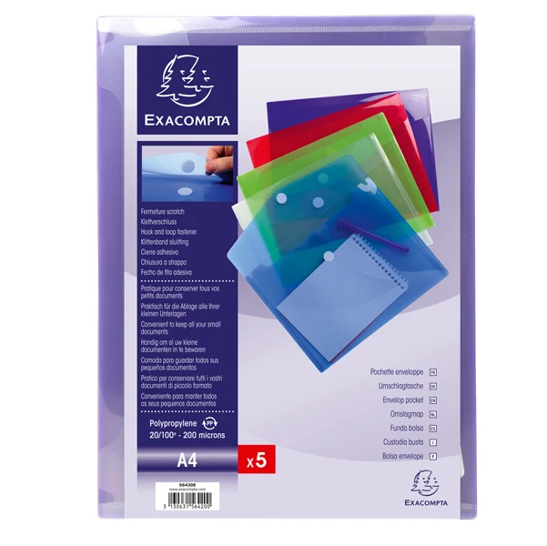 EXACOMPTA - 56420E - Busta a tasca con chiusura in velcro - PPL - 24 x 32 cm - colori assortiti - Exacompta - 82466 - Conf. da 5 Pz.