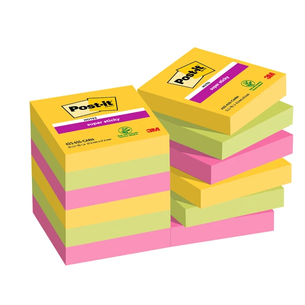POST-IT - 7100290181 - Blocco Post-it Super Sticky - 622-12SS-CARN - 47,6 x 47,6 mm - colori Carnival - 90 fogli - Post-it - conf. 12 pezzi - 94376 - Conf. da 1 Pz.