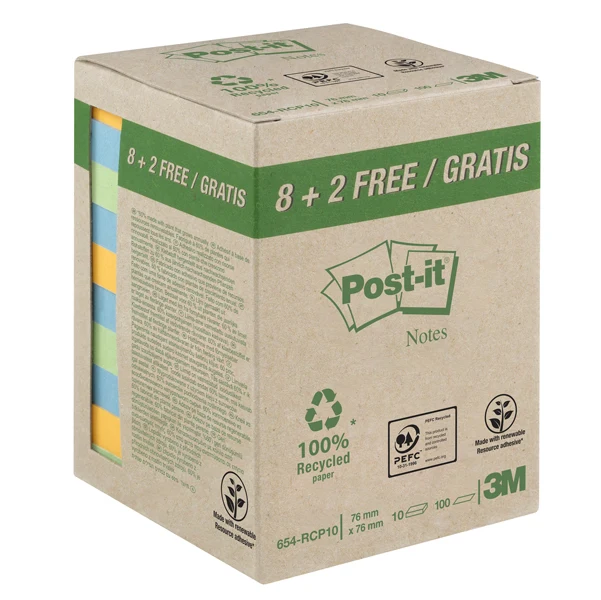 POST-IT - 7100172343 - Blocco foglietti Post-it - 654-RCP10 - 76 x 76 mm - carta riciclata - colori pastel - 100 fogli - Post-it - conf. 10 pezzi - 94381 - Conf. da 1 Pz.