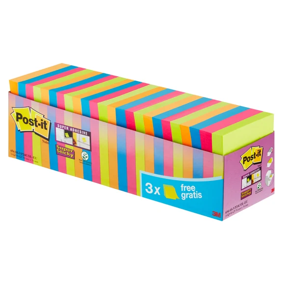 POST-IT - 7100234515 - Blocco foglietti Post-it Super Sticky - 654-SS-VP24COL - 76 x 76 mm - colori assortiti - 90 fogli - Post-it - conf. 24 blocchi - 94379 - Conf. da 1 Pz.