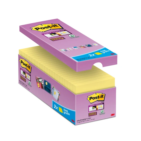 POST-IT - 7100235021 - Blocco foglietti Post-it Super Sticky - 654-SSCY-VP16-EU - 76 x 76 mm - giallo Canary - 90 fogli - Post-it - conf. 16 blocchi - 74003 - Conf. da 1 Pz.