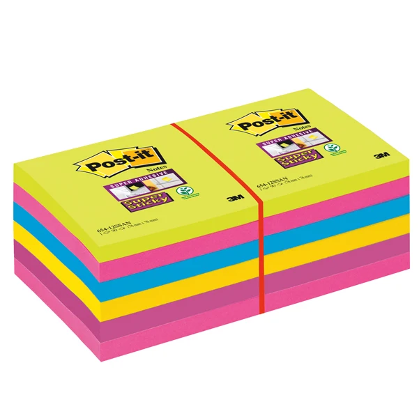 POST-IT - 7100290156 - Blocco foglietti Post-it Super Sticky - 654-12SSUCC - 76 x 76 mm - colori Ultra - 90 fogli - Post-it - 53554 - Conf. da 12 Pz.