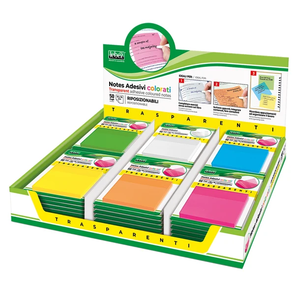 LEBEZ - 81701OD - Blocchetto notes adesivo - 75 x 75 mm - colori traslucidi assortiti - Lebez - Box 72 blocchetti - 98584 - Conf. da 1 Pz.