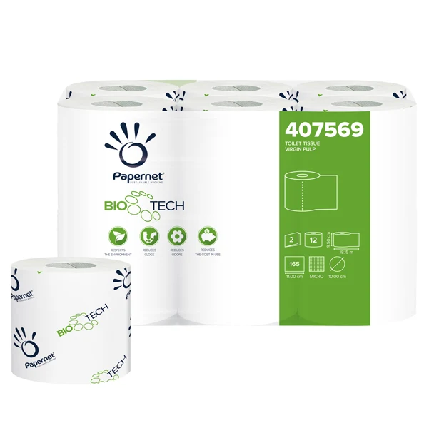 PAPERNET - 407569 - Carta igienica standard Bio Tech - 2 veli - 165 strappi - diametro 10 cm - 9,5 cm x 18,2 mt - Papernet - pacco 12 rotoli - 79645 - Conf. da 1 Pz.