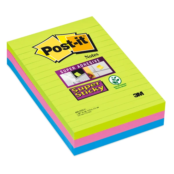 POST-IT - 7100235020 - Blocco foglietti Post-it Super Sticky rettangolari - 660-3SSUC - a righe - 101 x 152 mm - colori Ultra - 90 fogli - Post-it - 77356 - Conf. da 3 Pz.