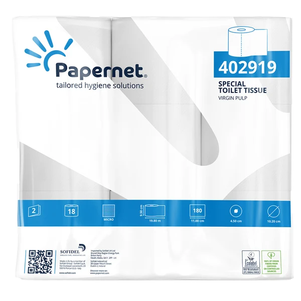 PAPERNET - 402919 - Carta igienica - 2 veli - 16,5 gr - 9,5 cm x 19,8 mt - diametro 10,2 cm - 180 strappi - Papernet - pacco 18 rotoli - 76477 - Conf. da 1 Pz.