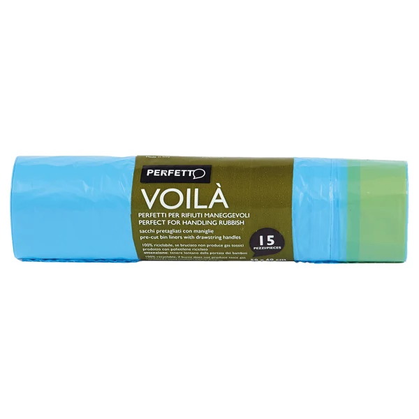 PERFETTO - 0359C - Sacchi per rifiuti con maniglie Voilà - 50x60 cm - 30 L - 15 micron - azzurro - Perfetto - rotolo da 15 sacchetti - 74177 - Conf. da 1 Pz.