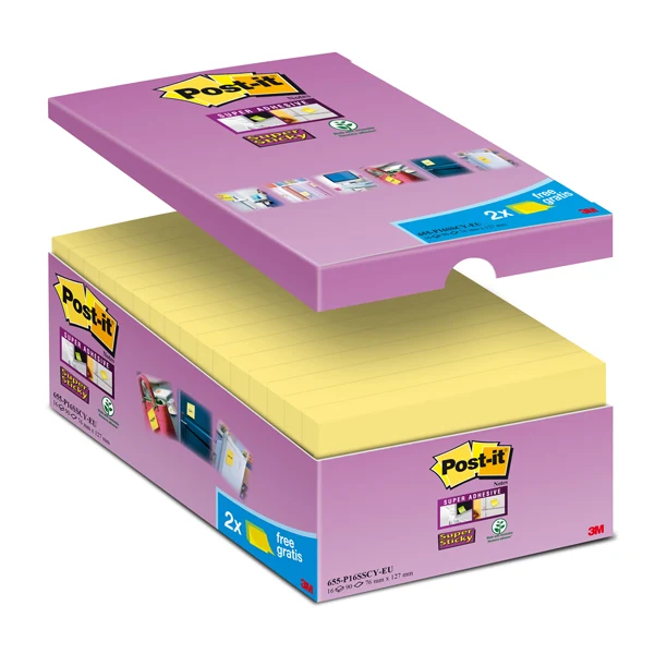 POST-IT - 7100234508 - Blocco foglietti Post-it Super Sticky - 655-SSCY-VP16-EU - 76 x 127 mm - giallo Canary - 90 fogli - Post-it - conf. 16 blocchi - 74004 - Conf. da 1 Pz.