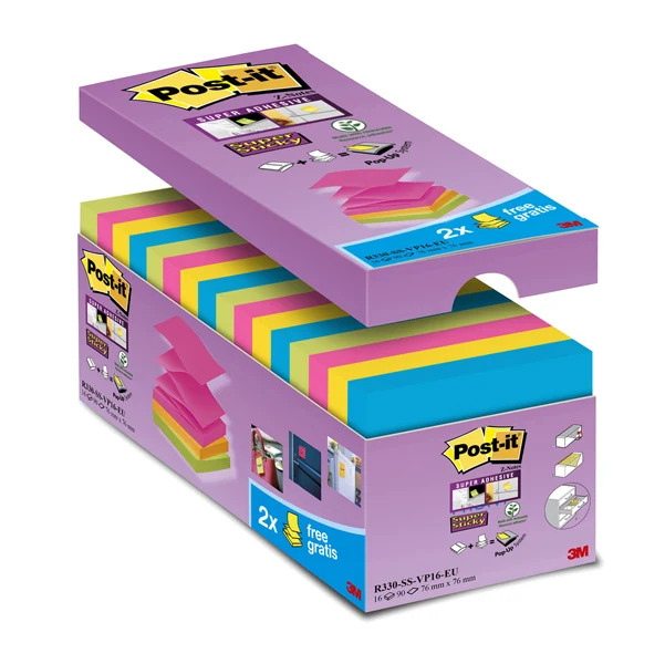 POST-IT - 7100234249 - Blocchetto Post-it Super Sticky Z Notes - R-330-SS-VP16 - per dispenser - 76 x 76 mm - 90 fogli - Post-it - conf. 16 blocchi - 73999 - Conf. da 1 Pz.