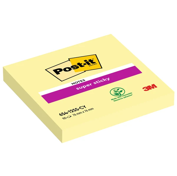 POST-IT - 7100290155 - Blocco foglietti Super Sticky - 654-12SS-CY - 76 x 76 mm - giallo Canary - 90 fogli - Post-it - 71248 - Conf. da 12 Pz.