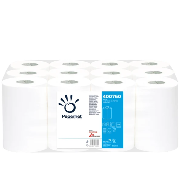 PAPERNET - 400760 - Asciugamani in rotolo Centrefeed - mini - 209 mm x 77 mt - diametro 14,5 cm - 2 veli - 18 gr - 218 strappi - goffratura micro - bian co - Papernet - 48916 - Conf. da 12 Pz.