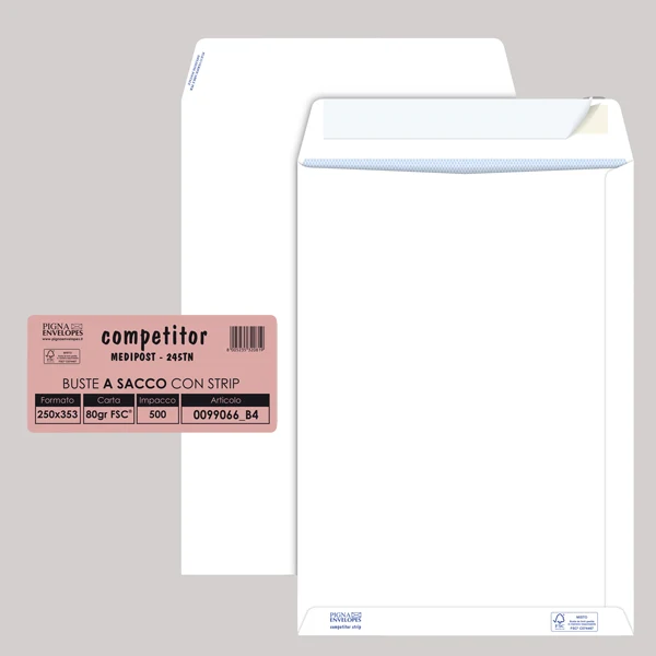 Pigna Envelopes - 0099066B4 - Busta a sacco Competitor FSC - strip adesivo - 25 x 35,3 cm - 80 gr - bianco - Pigna Envelopes - conf. 500 pezzi - 46160 - Conf. da 1 Pz.