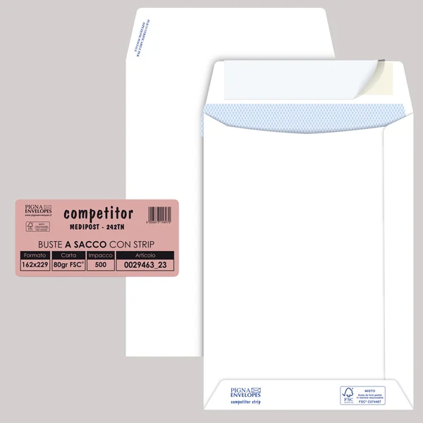 Pigna Envelopes - 002946323 - Busta a sacco Competitor FSC - strip adesivo - 16 x 23 cm - 80 gr - bianco - Pigna Envelopes - conf. 500 pezzi - 46159 - Conf. da 1 Pz.