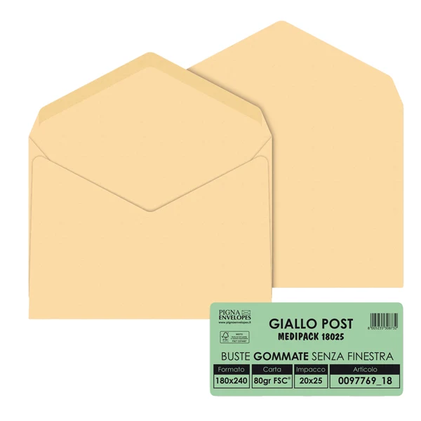 Pigna Envelopes - 009776918 - Busta Giallo Postale - gommata - 18 x 24 cm - 80 gr - carta riciclata FSC - giallo - Pigna Envelopes - conf. 25 pezzi - 38100 - Conf. da 1 Pz.