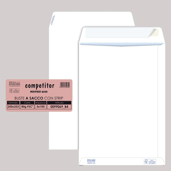 Pigna Envelopes - 0099069B4 - Busta a sacco Competitor FSC - strip adesivo - 25 x 35,3 cm - 80 gr - bianco - Pigna Envelopes - conf. 100 pezzi - 37307 - Conf. da 1 Pz.