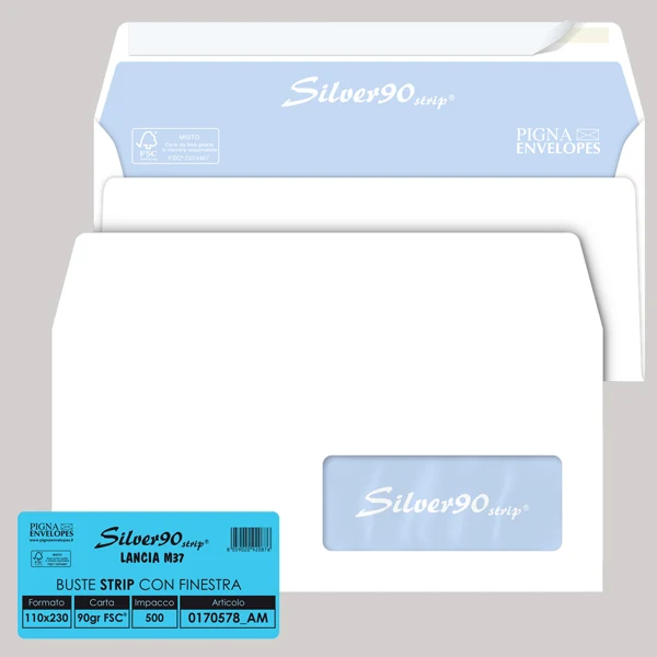 Pigna Envelopes - 0170578AM - Busta Silver90 Strip FSC - con finestra - internografata - 11 x 23 cm - 90 gr - bianco - Pigna Envelopes - conf. 500 pezzi - 36973 - Conf. da 1 Pz.