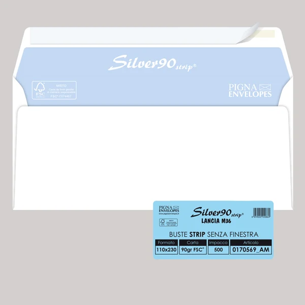 Pigna Envelopes - 0170569AM - Busta Silver90 Strip FSC - senza finestra - internografata - 11 x 23 cm - 90 gr - bianco - Pigna Envelopes - conf. 500 pezzi - 36972 - Conf. da 1 Pz.