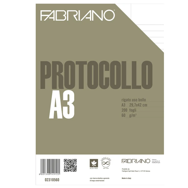 FABRIANO - 19100745 - Foglio protocollo - A4 - uso bollo - 60 gr - Fabriano - conf. 200 pezzi - 58726 - Conf. da 1 Pz.
