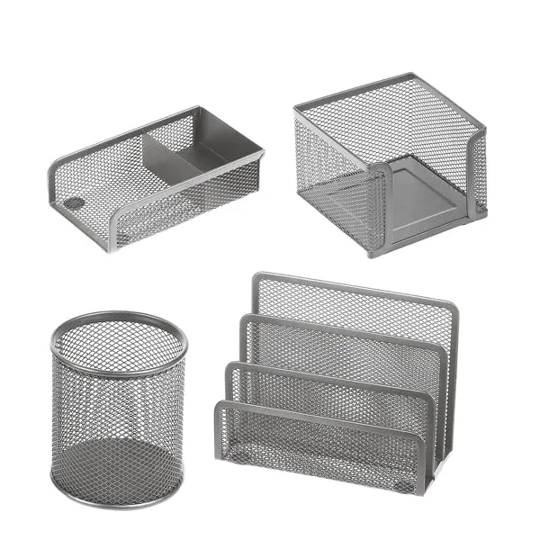 LEBEZ - 1424-S - Set scrivania - 4 accessori - rete metallica - argento - Lebez - 58000 - Conf. da 1 Pz.