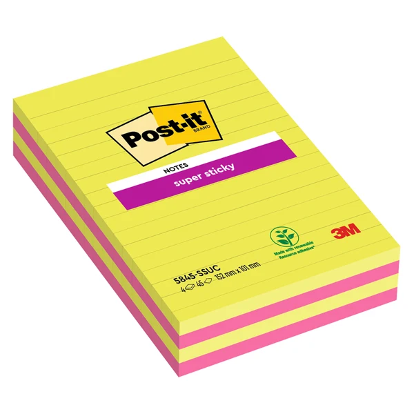 POST-IT - 7100235841 - Blocco foglietti Post-it Super Sticky rettangolari - 5845-4SSUC - a righe - 127 x 203 mm - colori Ultra - 45 fogli - Post-it - 53556 - Conf. da 4 Pz.
